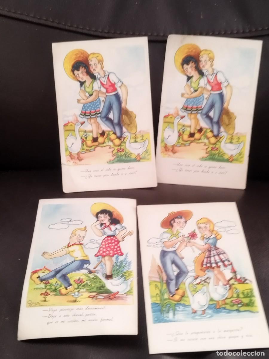 Postales: Colecci&oacute;n 4 antiguas tarjetas postales, caricaturas de mujer hombre, escena costumbrista. Campo.