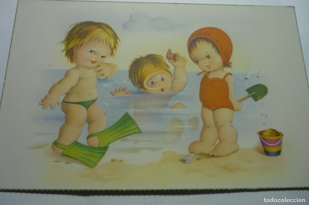 Postales: postal dibujo ni&ntilde;os en la playa