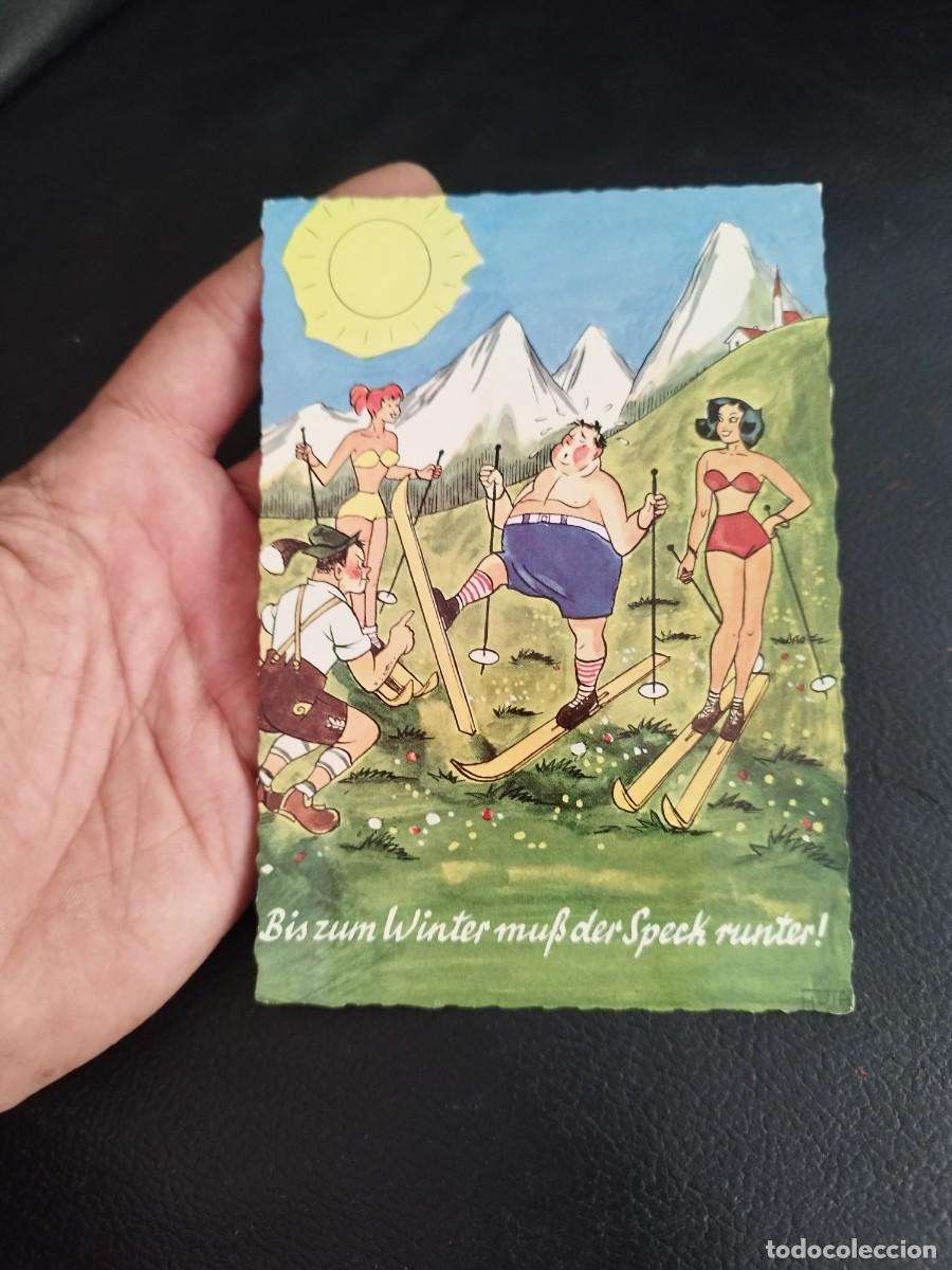 Postales: Tarjeta postal de caricatura humor, esqui ,monta&ntilde;a. Chiste perder peso.