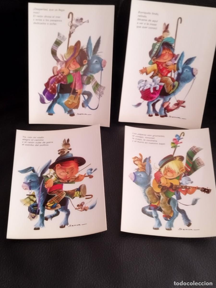 Postales: Coleccion de 4 tarjetas postales con ilustraciones de Samok. Ni&ntilde;o montado en burro. Violin.