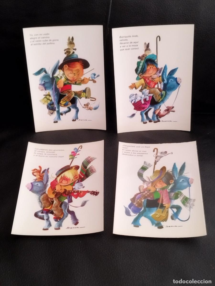 Postales: Coleccion de 4 tarjetas postales con ilustraciones de Samok. Ni&ntilde;o montado en burro. Violin.