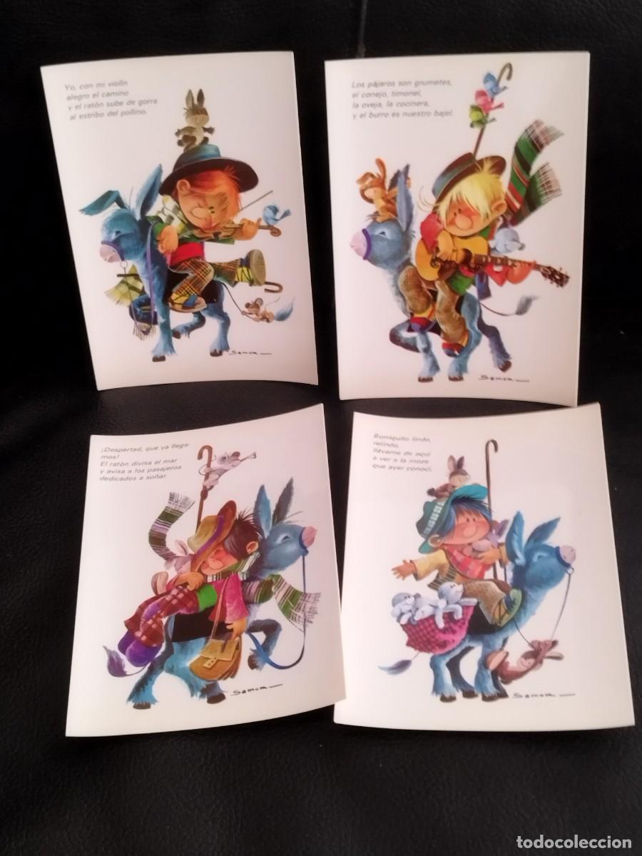 Postales: Coleccion de 4 tarjetas postales con ilustraciones de Samok. Ni&ntilde;o montado en burro. Violin.