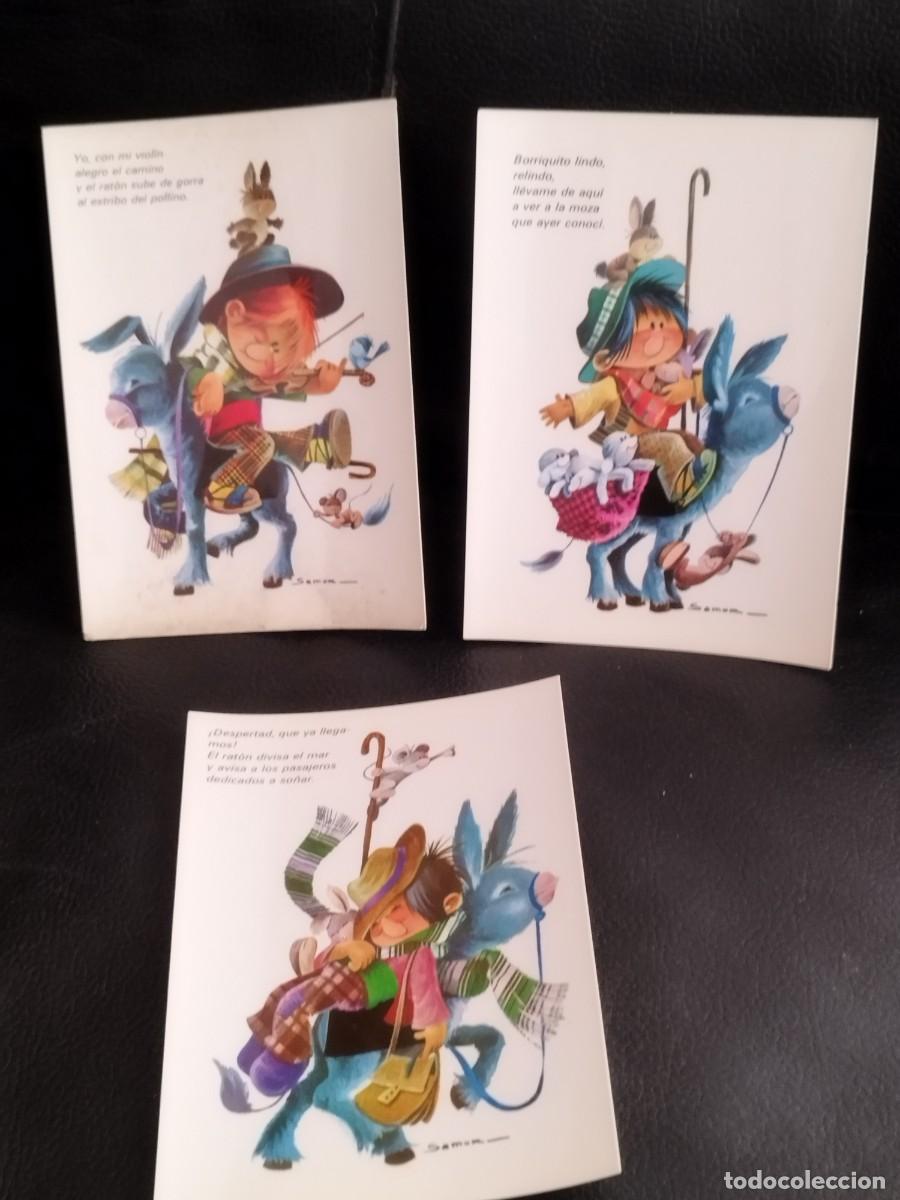 Postales: Coleccion de 3 tarjetas postales con ilustraciones de Samok. Ni&ntilde;o montado en burro. Violin.