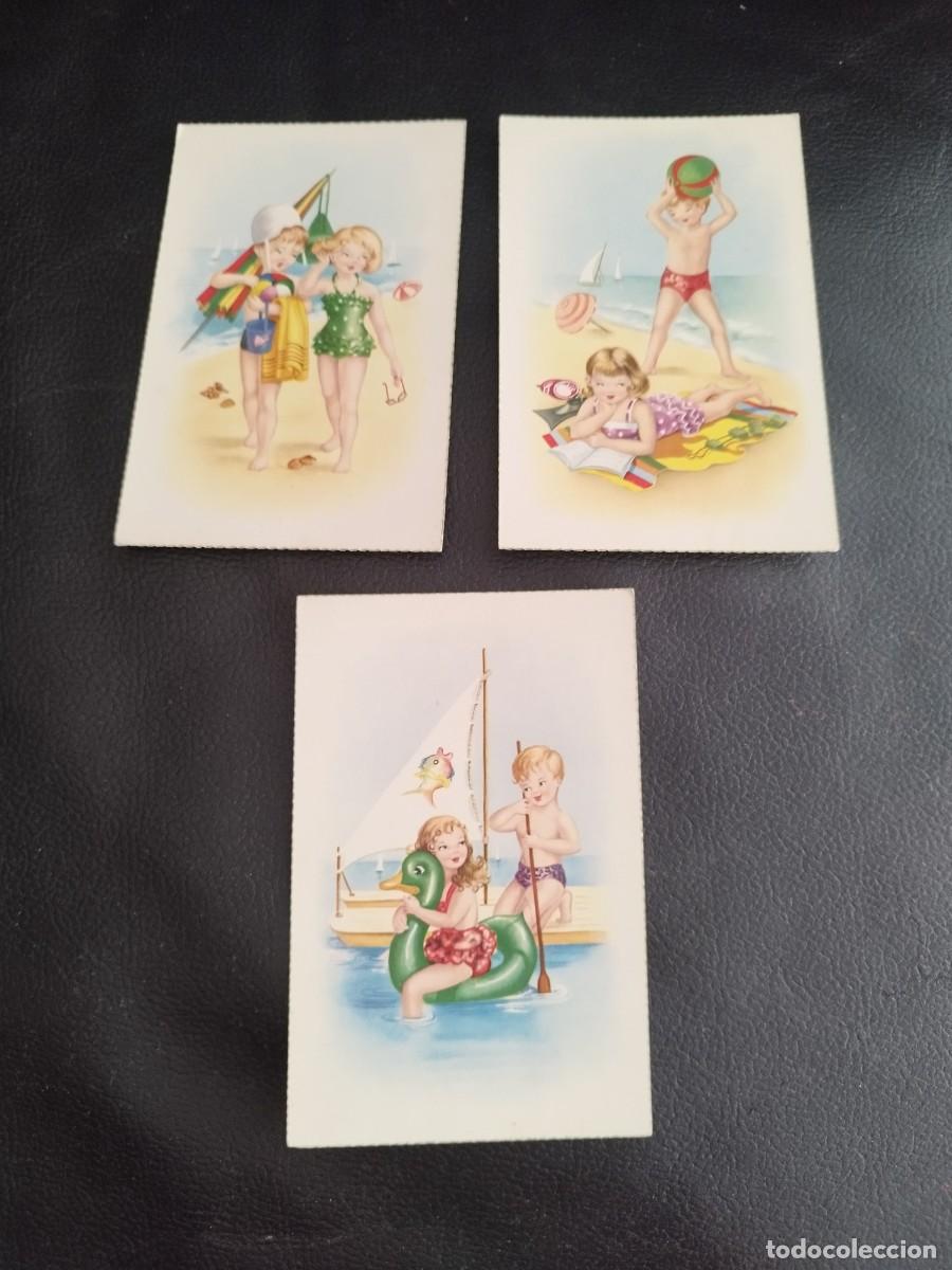 Postales: Coleccion de 3 tarjetas postales con ilustraciones de ni&ntilde;o y ni&ntilde;a jugando en la playa.