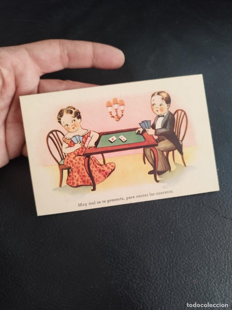 Postales: Tarjeta postal de una pareja jugando una partida de cartas. Caricatura Humor&iacute;stica..