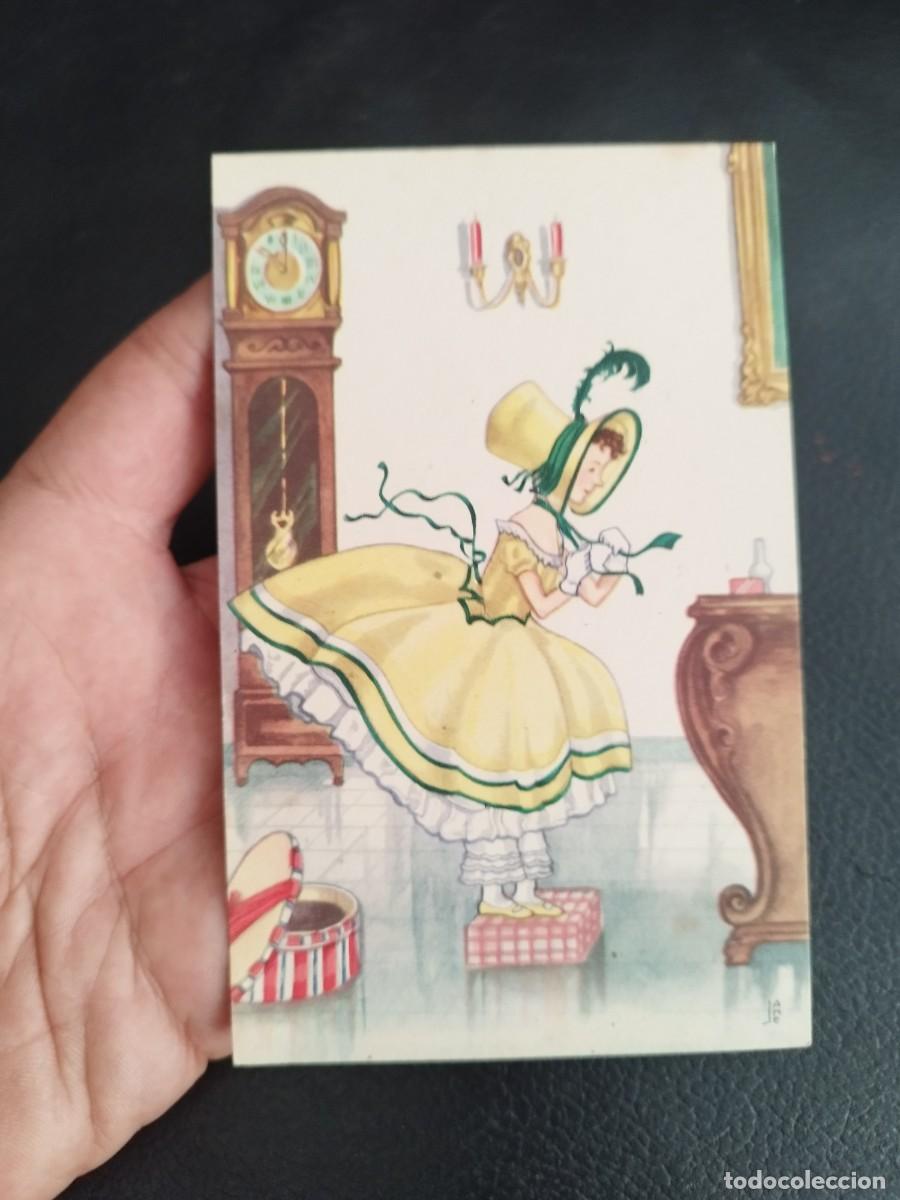Postales: Tarjeta postal de ilustraci&oacute;n de una mu&ntilde;eca vestida con atuendo tradicional de &eacute;poca. Ni&ntilde;a.