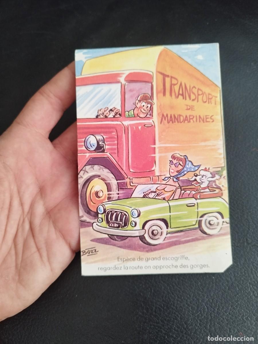Postales: Tarjeta postal de escena humor&iacute;stica que representa el transporte de mandarinas. Firmada Bozz.