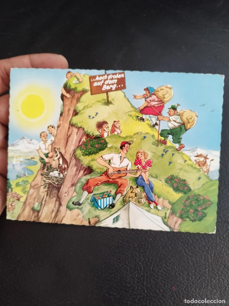 Postales: Tarjeta postal humoristica paisaje alpino con excursionistas y una pareja picnic. Cultura Bavara.