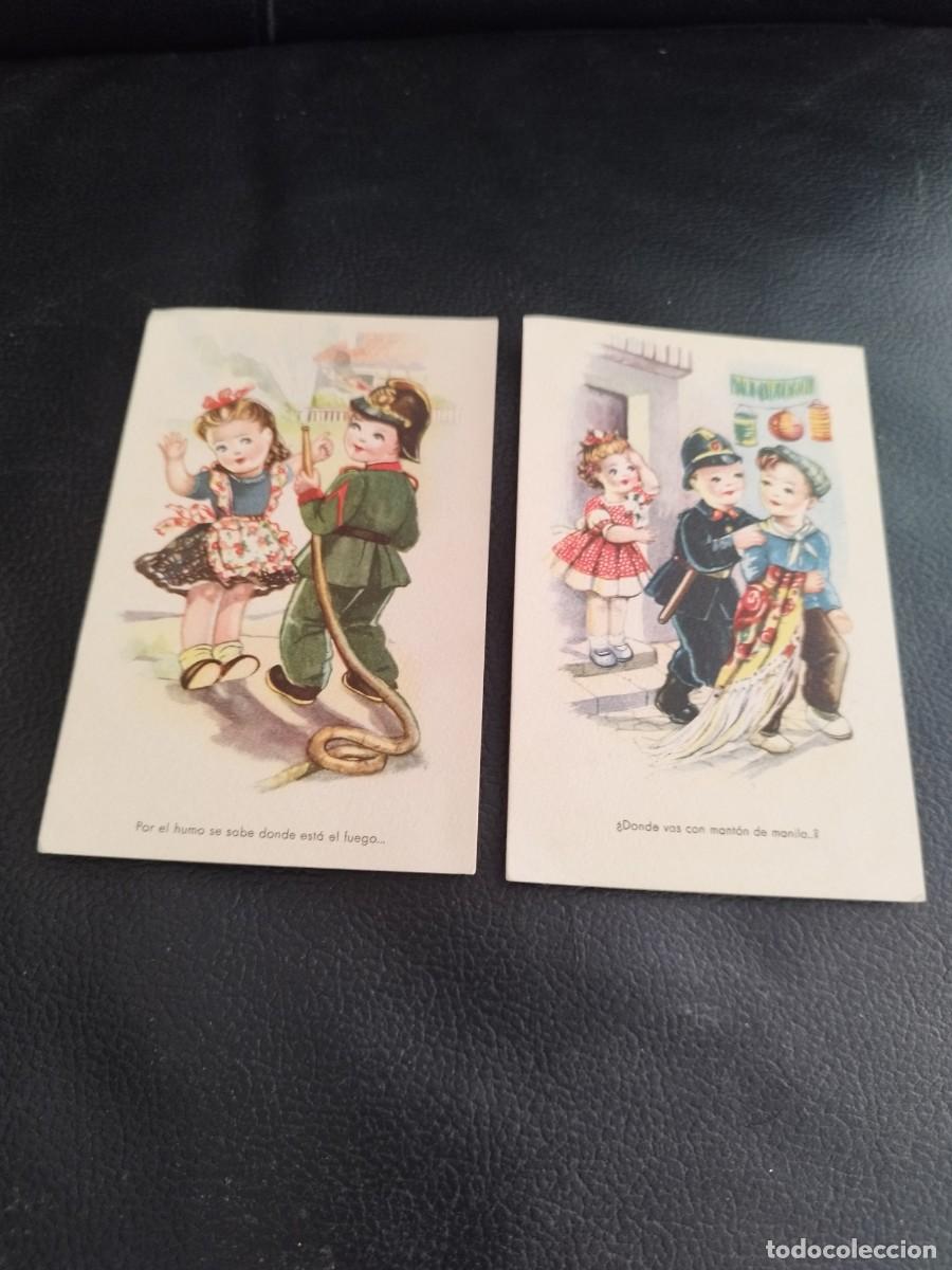 Postales: 2 Tarjetas postales infantiles. De ni&ntilde;os jugando con ni&ntilde;as a ser bombero y policia.