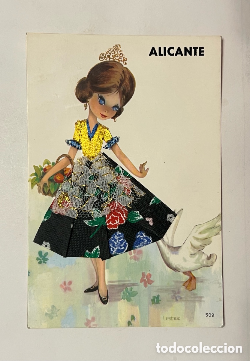 Postales: ALICANTE. POSTAL BORDADA Y ENCAJE. TRAJE TIPICO ESPA&Ntilde;OL. Ilustra LESTER (h.1980?)