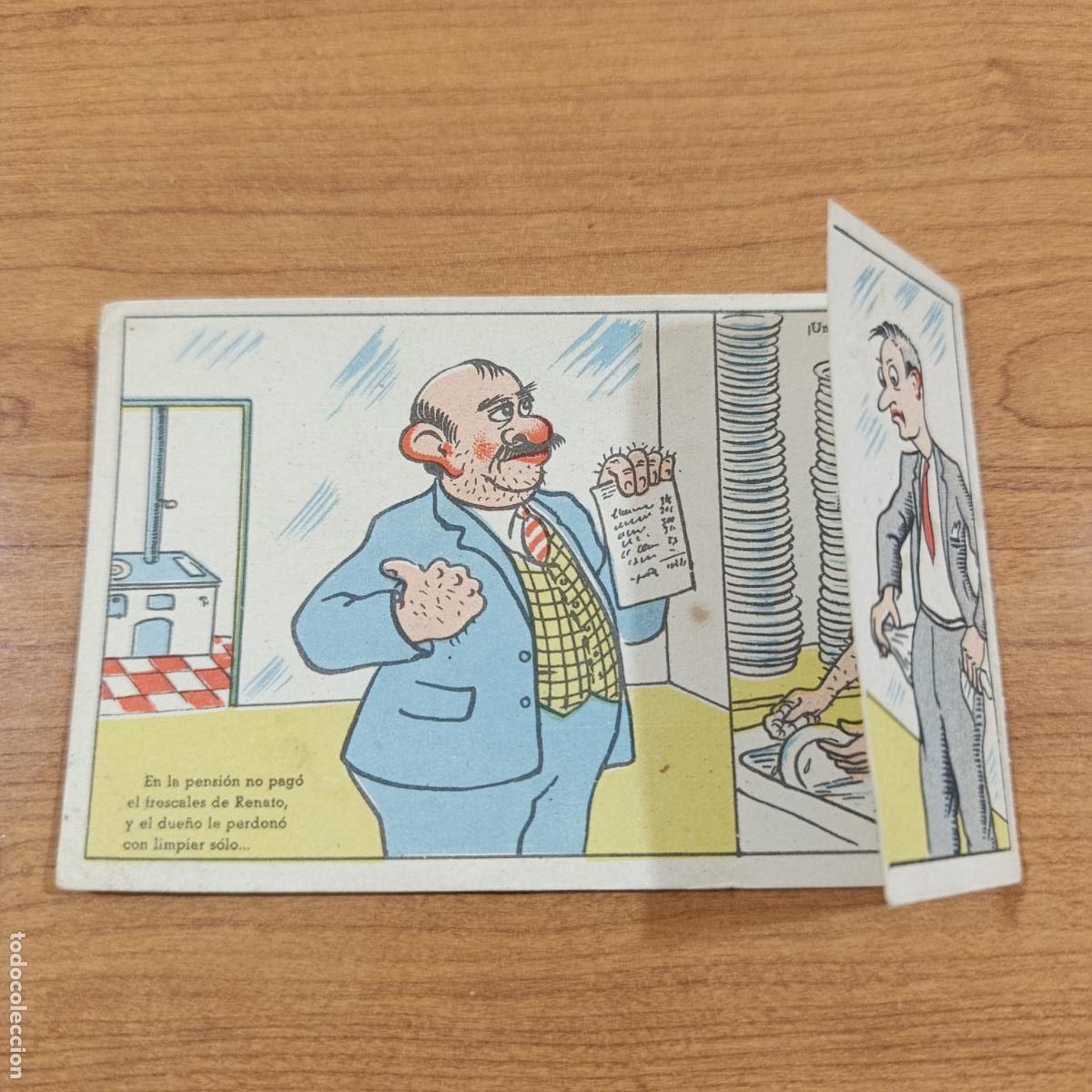 Postales: TARJETA POSTAL C&Oacute;MICA. NO PAGO EL FRESCAL DE RENATO Y EL DUE&Ntilde;O LE PERDONO CON FREGAR UNOS PLATOS