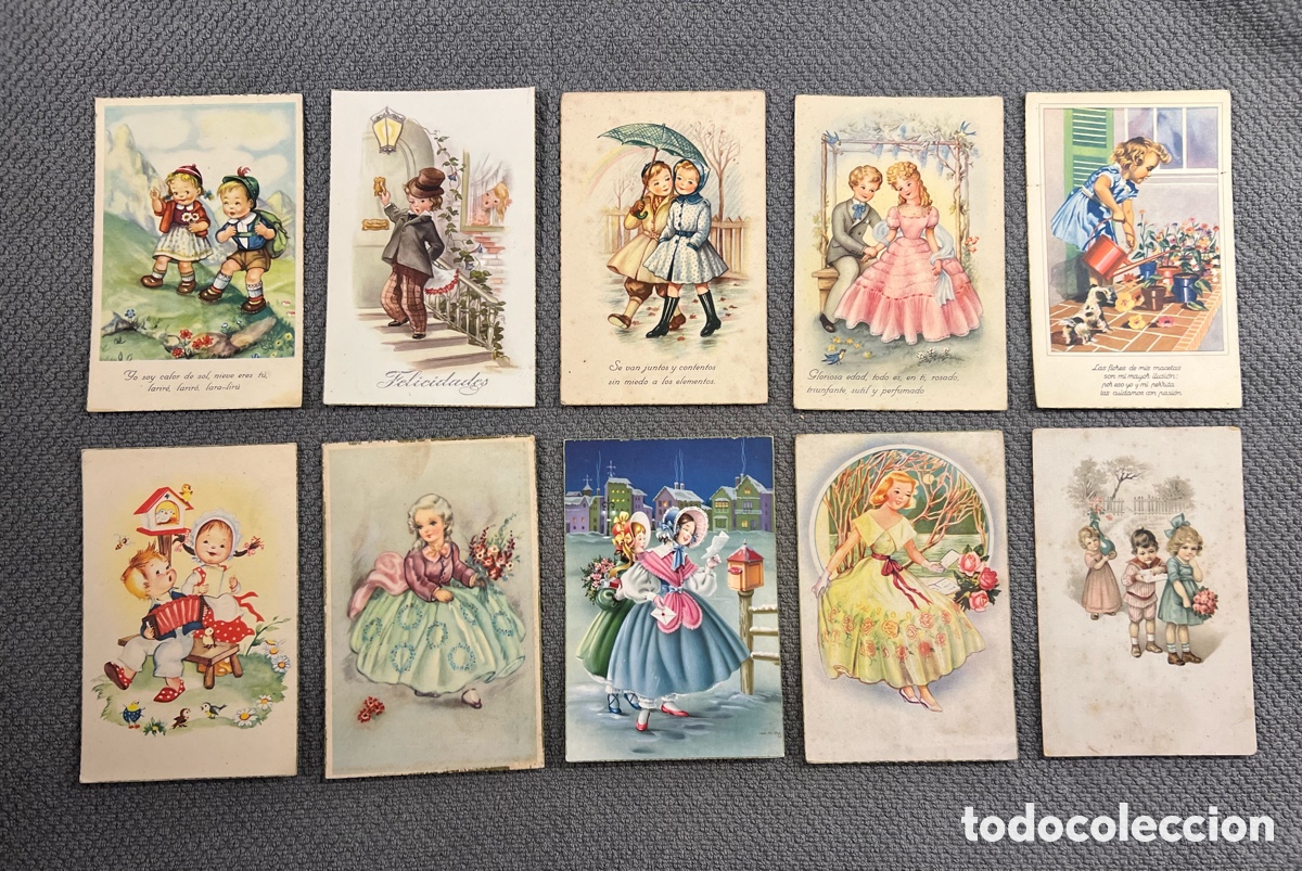 Postais: Postales Rom&aacute;nticas.. (10) Dibujos y caricaturas. Ilustradas (h.1940,50?) circuladas