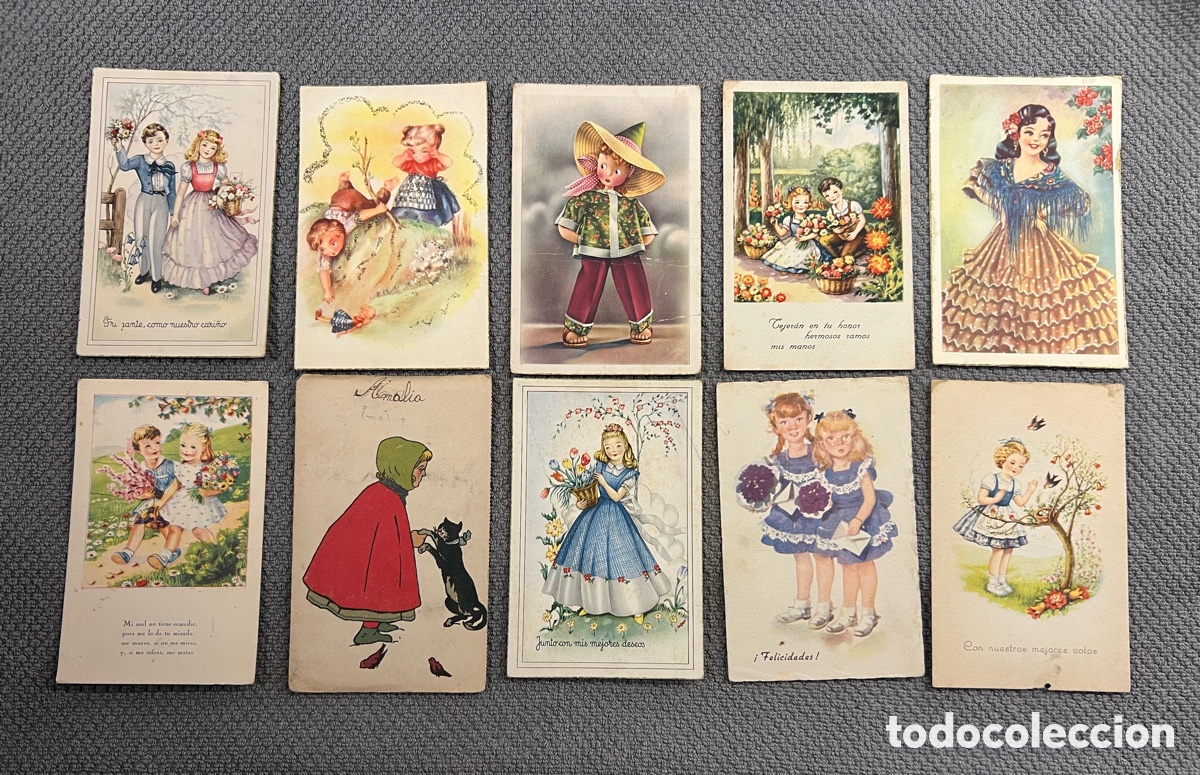 Postais: Postales Rom&aacute;nticas.. (10) Dibujos y caricaturas. Ilustradas (h.1940,50?) circuladas.