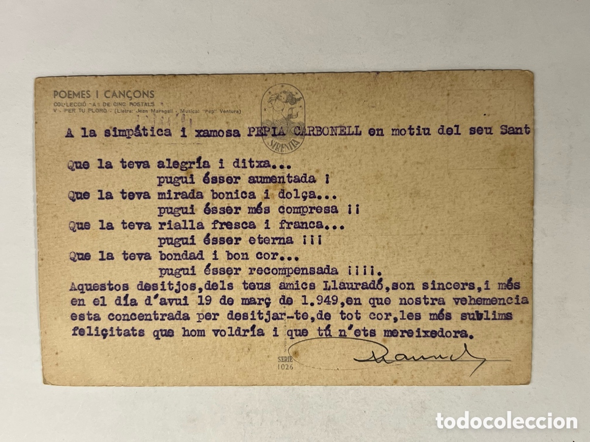 Cartes Postales: RAM&Oacute;N LLAURADO.. un poeta clandestino.. Postal dedicada a Pepita Carbonell.. Barcelona 19/03/1949