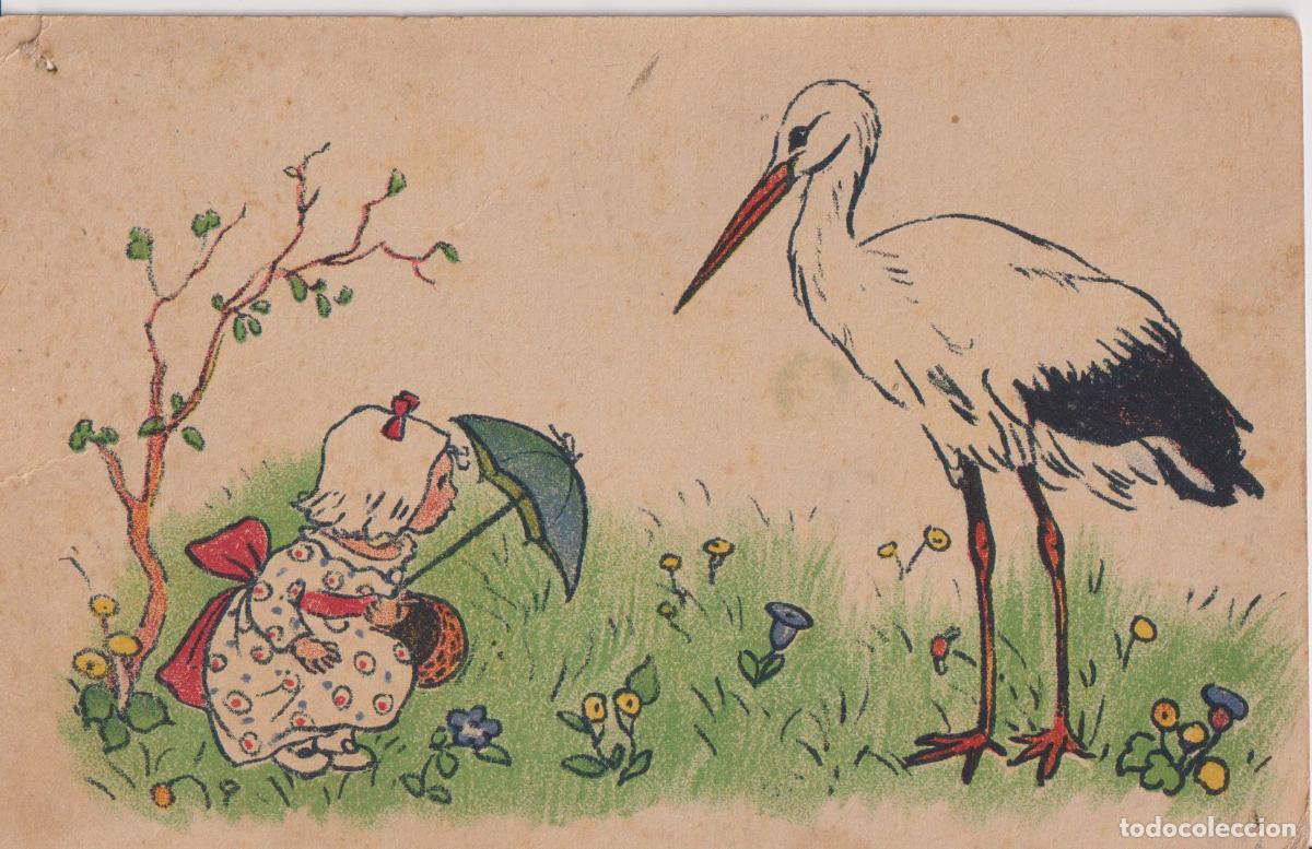 Postales: ILUSTRADOR: DESCONOCIDO, ESTILO PLUMILA DE UNA CIG&Uuml;E&Ntilde;A Y UNA NI&Ntilde;A CON PARAGUAS - PRINTED IN SUIZA -
