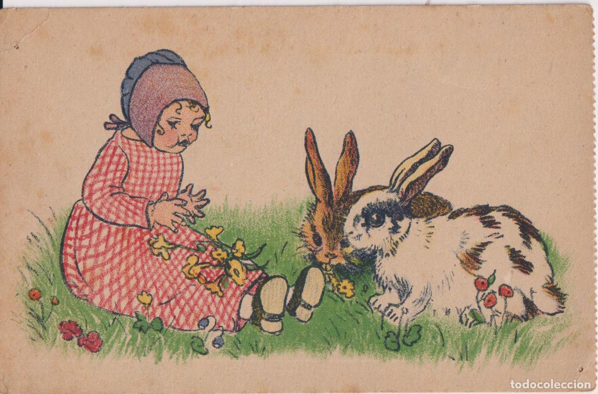 Postales: ILUSTRADOR: DESCONOCIDO, ESTILO PLUMILA NI&Ntilde;A CON CONEJOS - PRINTED IN SUIZA - S/C