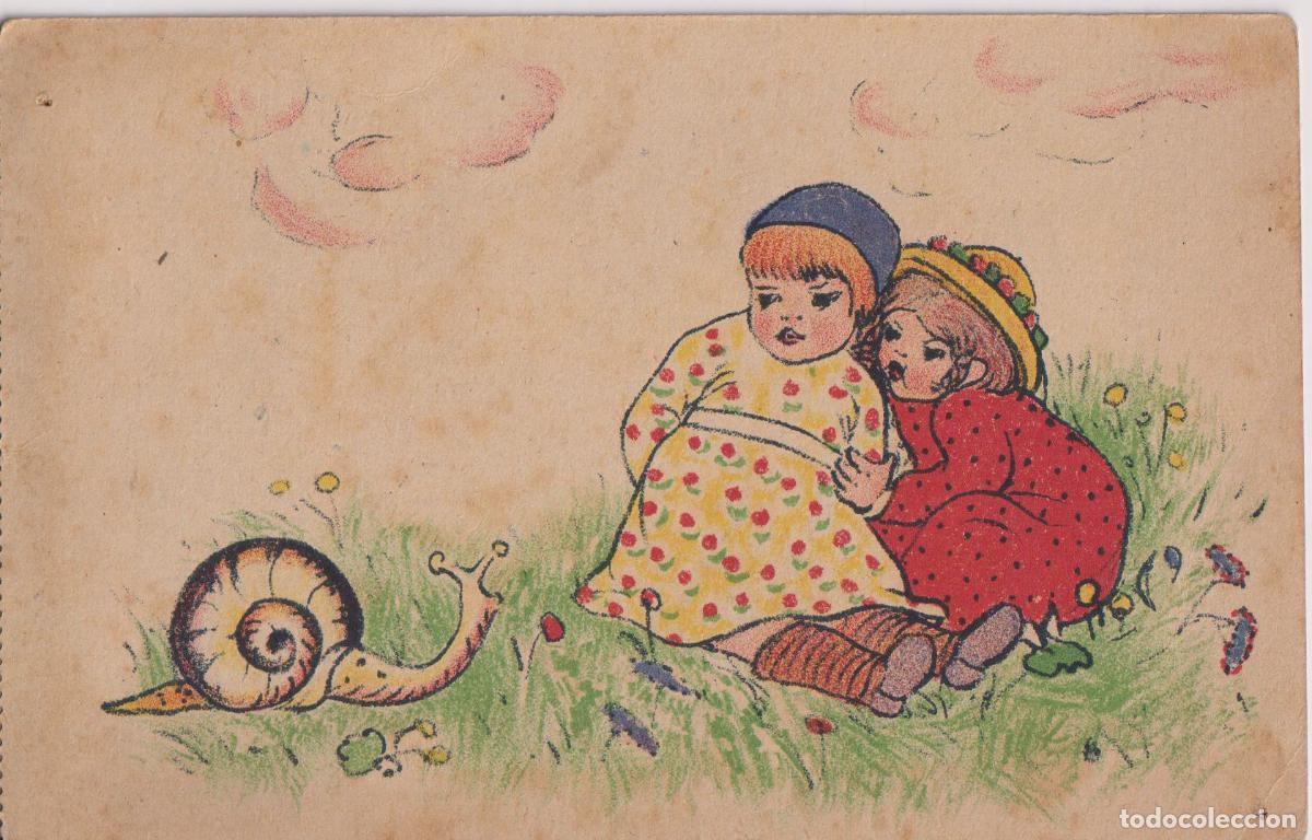 Postales: ILUSTRADOR: DESCONOCIDO, ESTILO PLUMILA NI&Ntilde;AS CON CARACOL - PRINTED IN SUIZA - S/C