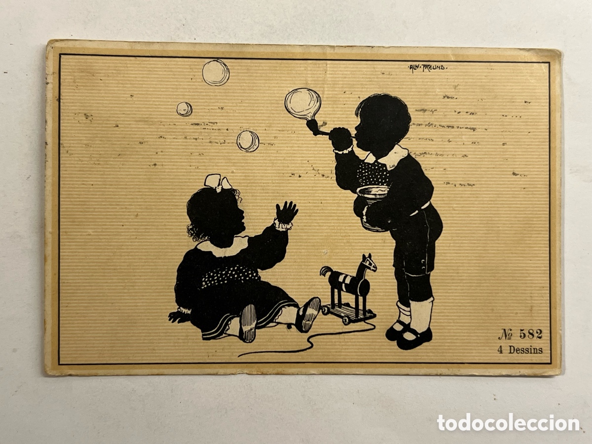 Postales: ALWIN FREUND, ilustrador&hellip; Postal silueteada Ni&ntilde;os jugando.. La Barcelona ilustrada de la Rep&uacute;blica