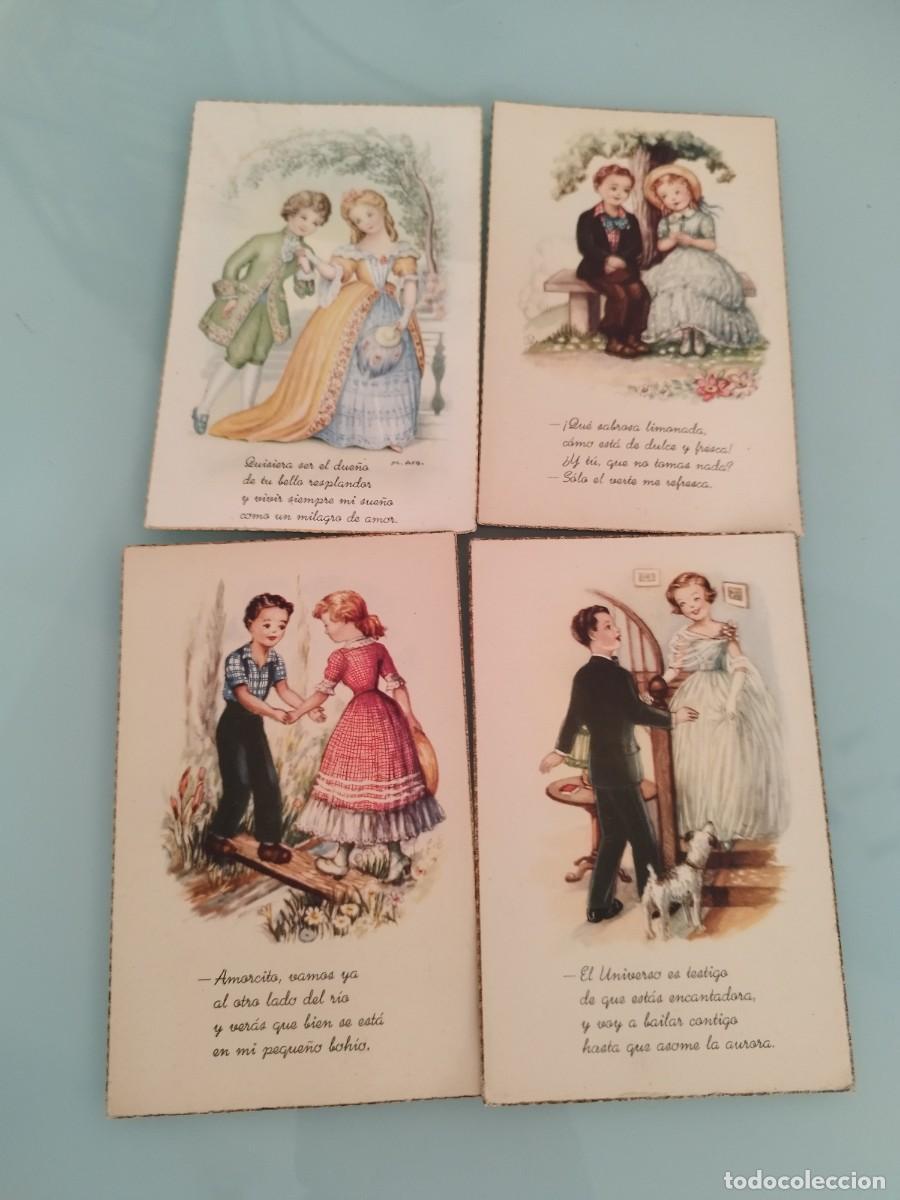 Postales: 4 antiguas tarjetas postales ilustraciones de parejas de ni&ntilde;os con mensajes cari&ntilde;osos en espa&ntilde;ol.