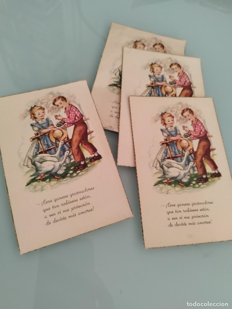 Postales: 4 antiguas tarjetas postales dos ni&ntilde;os con gansos y presenta una tem&aacute;tica de declaraci&oacute;n de amor.