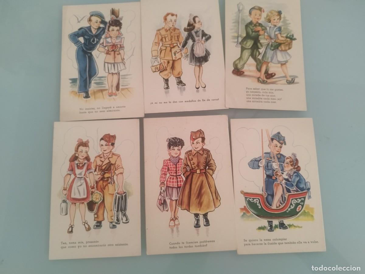 Postales: Colecci&oacute;n de 6 tarjetas postales, caricatura infantil militar. Pareja, gal&aacute;n y mujer. Con frases