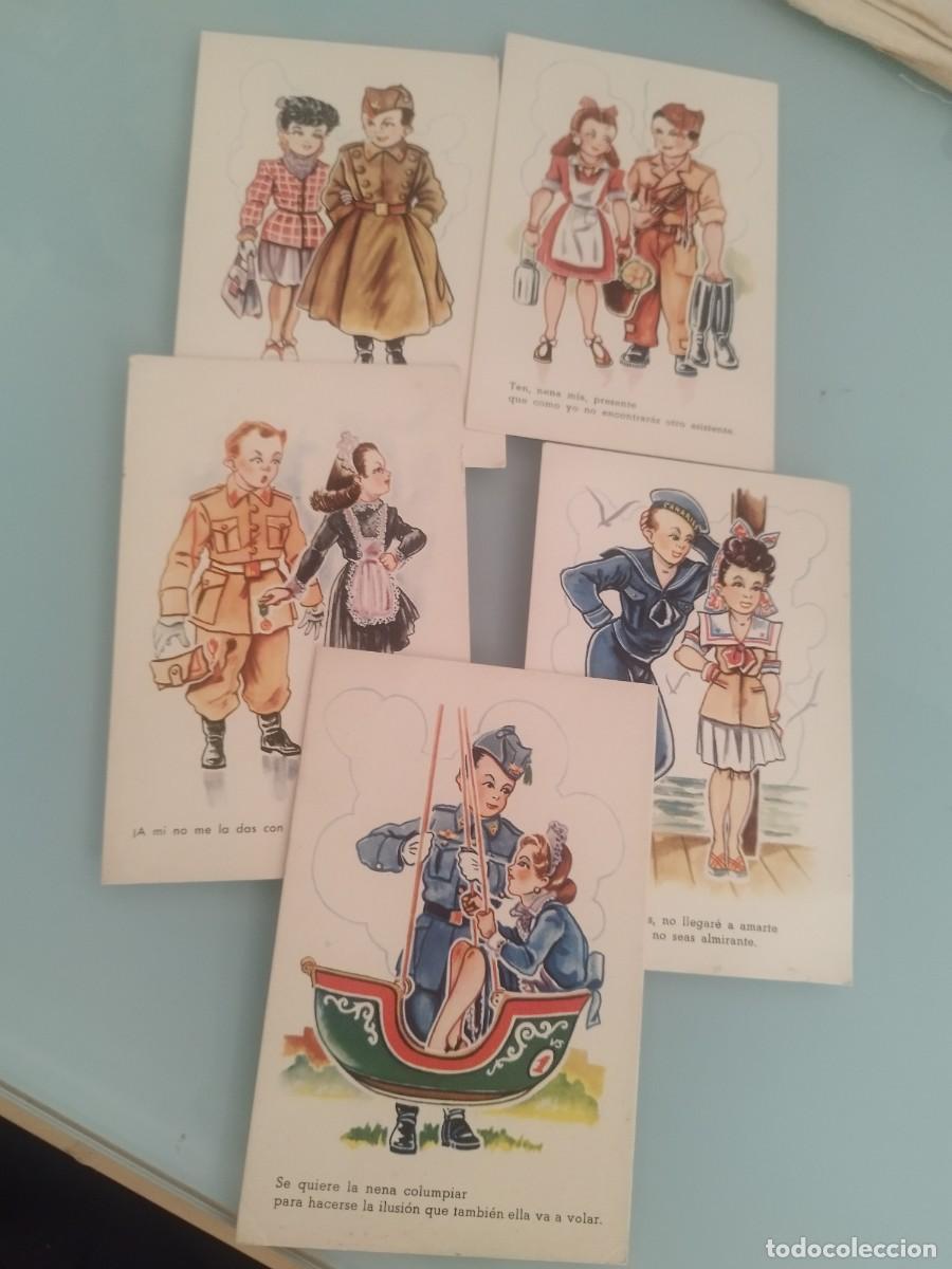 Postales: Colecci&oacute;n de 5 tarjetas postales, caricatura infantil militar. Pareja, gal&aacute;n y mujer. Con frases