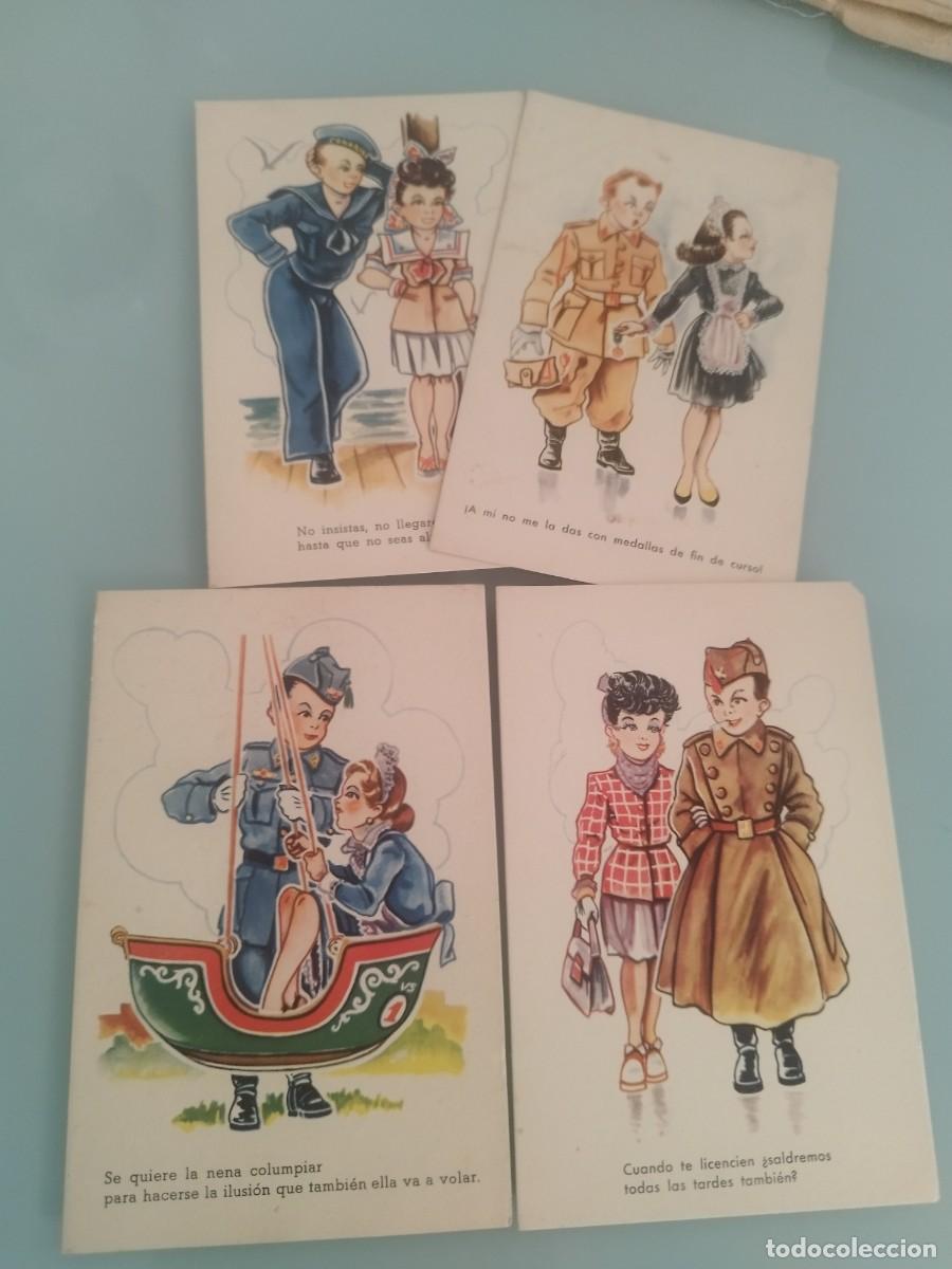 Postales: Colecci&oacute;n de 4 tarjetas postales, caricatura infantil militar. Pareja, gal&aacute;n y mujer. Con frases