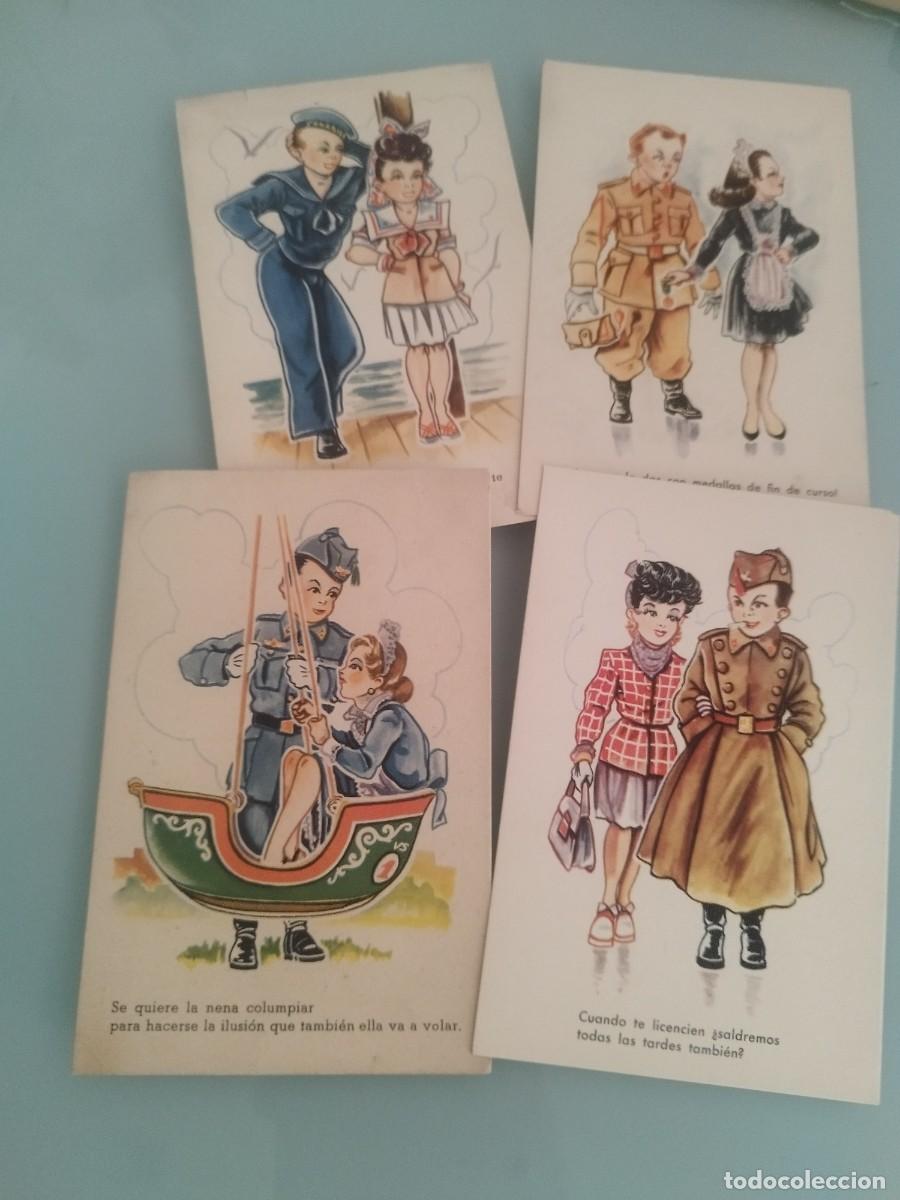 Postales: Colecci&oacute;n de 4 tarjetas postales, caricatura infantil militar. Pareja, gal&aacute;n y mujer. Con frases