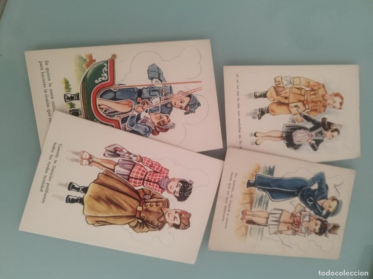 Postales: Colecci&oacute;n de 4 tarjetas postales, caricatura infantil militar. Pareja, gal&aacute;n y mujer. Con frases