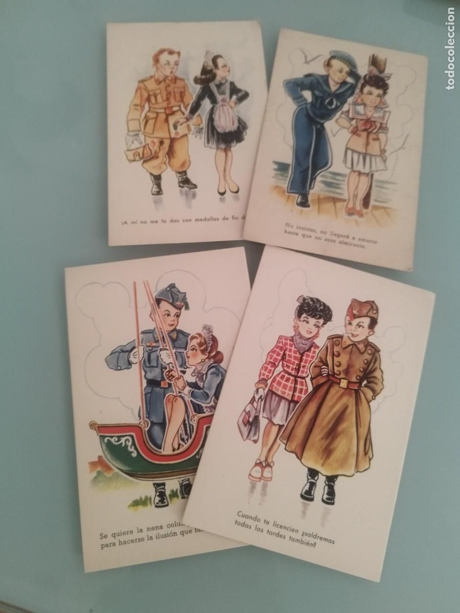 Postales: Colecci&oacute;n de 4 tarjetas postales, caricatura infantil militar. Pareja, gal&aacute;n y mujer. Con frases