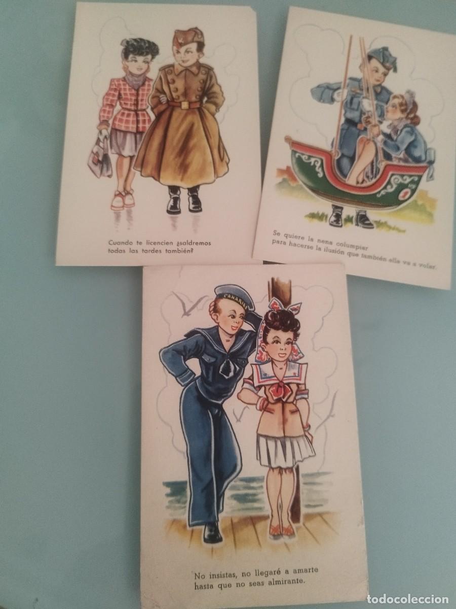 Postales: Colecci&oacute;n de 3 tarjetas postales, caricatura infantil militar. Pareja, gal&aacute;n y mujer. Con frases