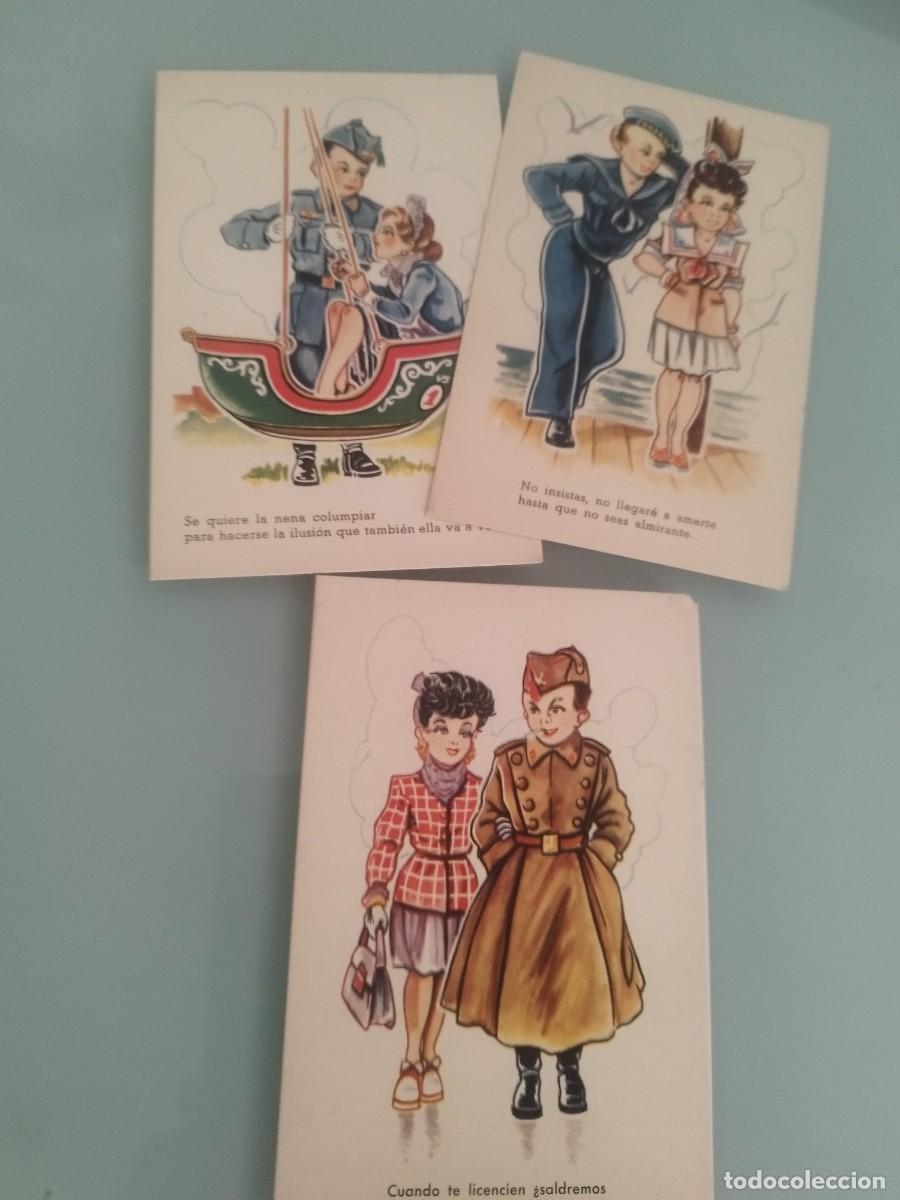 Postales: Colecci&oacute;n de 3 tarjetas postales, caricatura infantil militar. Pareja, gal&aacute;n y mujer. Con frases
