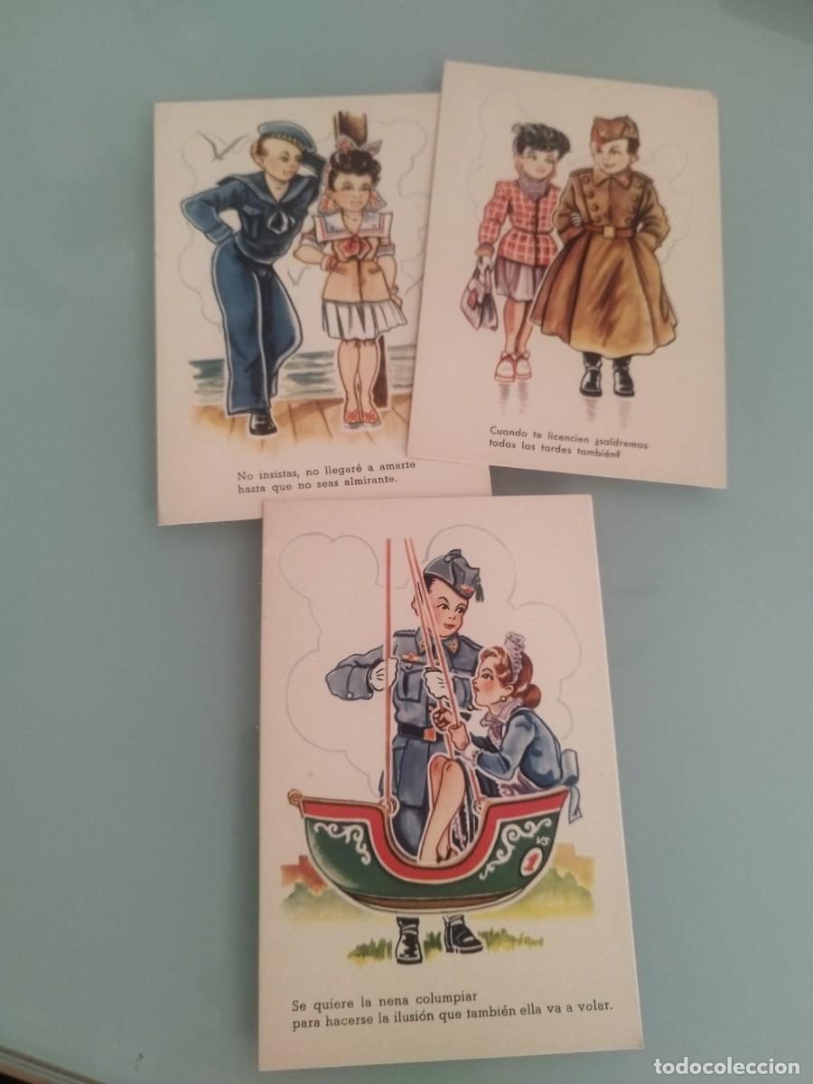 Postales: Colecci&oacute;n de 3 tarjetas postales, caricatura infantil militar. Pareja, gal&aacute;n y mujer. Con frases