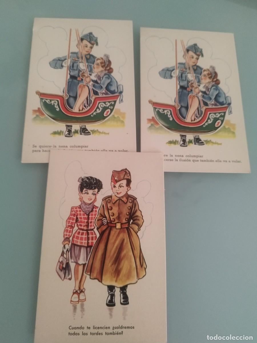 Postales: Colecci&oacute;n de 3 tarjetas postales, caricatura infantil militar. Pareja, gal&aacute;n y mujer. Con frases