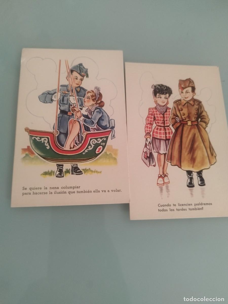 Postales: Colecci&oacute;n de 2 tarjetas postales, caricatura infantil militar. Pareja, gal&aacute;n y mujer. Con frases