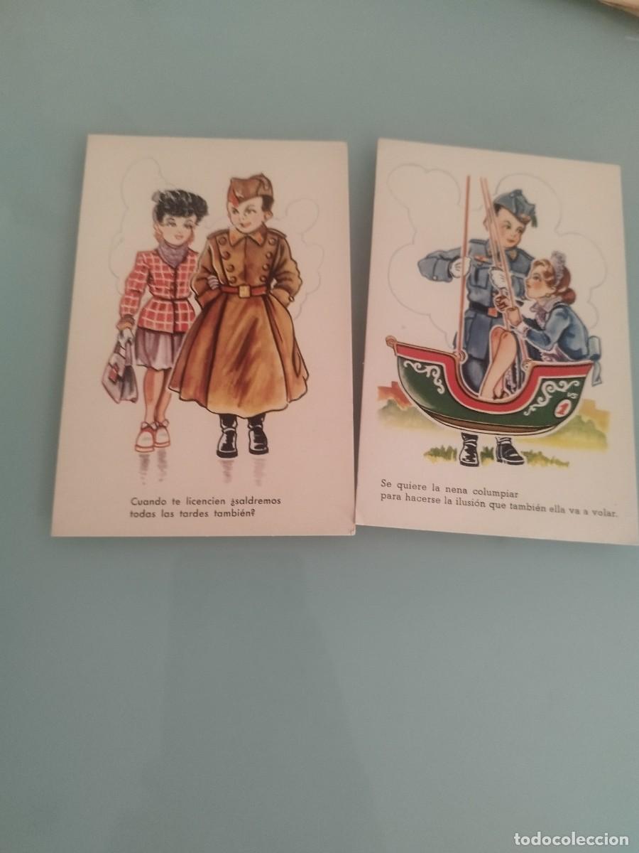 Postales: Colecci&oacute;n de 2 tarjetas postales, caricatura infantil militar. Pareja, gal&aacute;n y mujer. Con frases