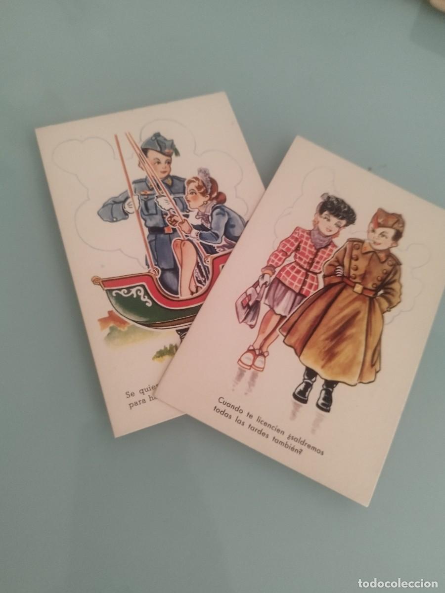 Postales: Colecci&oacute;n de 2 tarjetas postales, caricatura infantil militar. Pareja, gal&aacute;n y mujer. Con frases