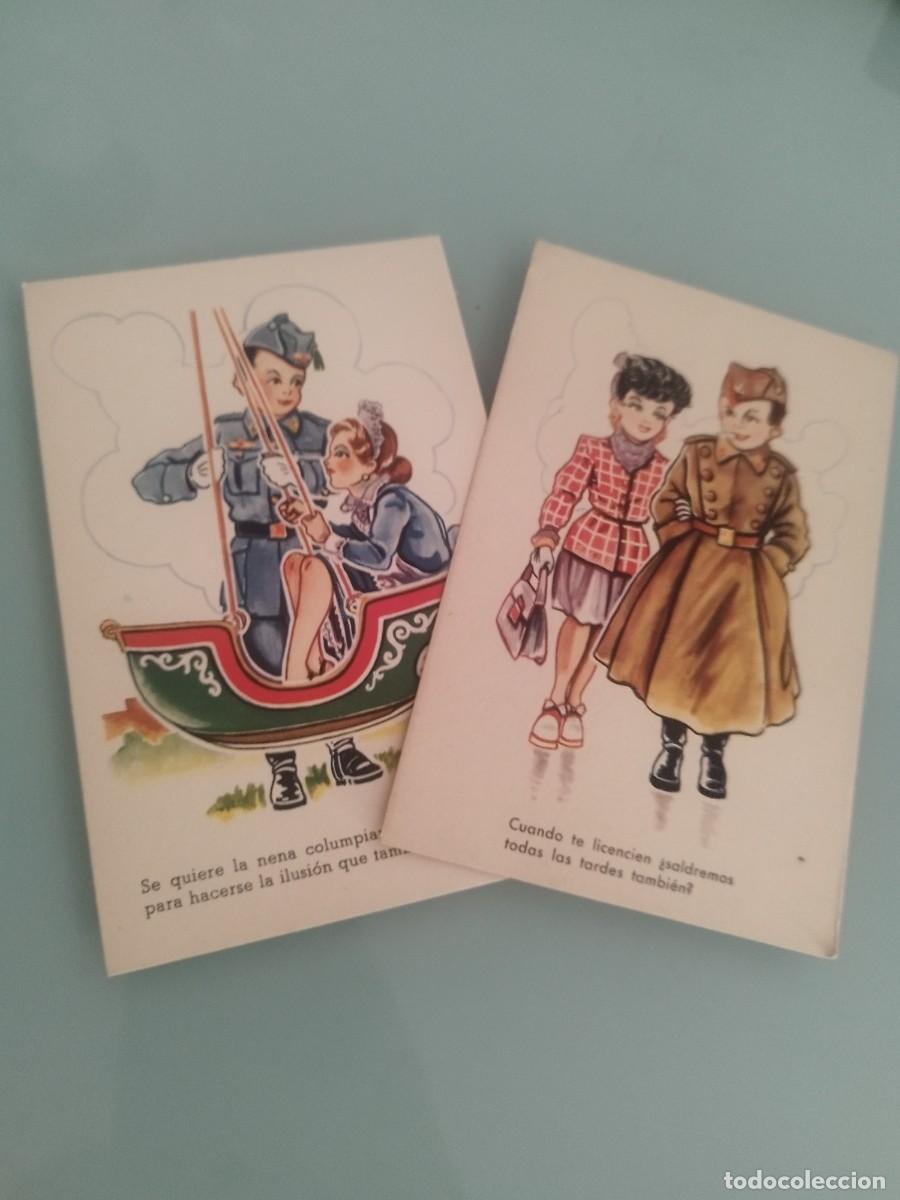 Postales: Colecci&oacute;n de 2 tarjetas postales, caricatura infantil militar. Pareja, gal&aacute;n y mujer. Con frases