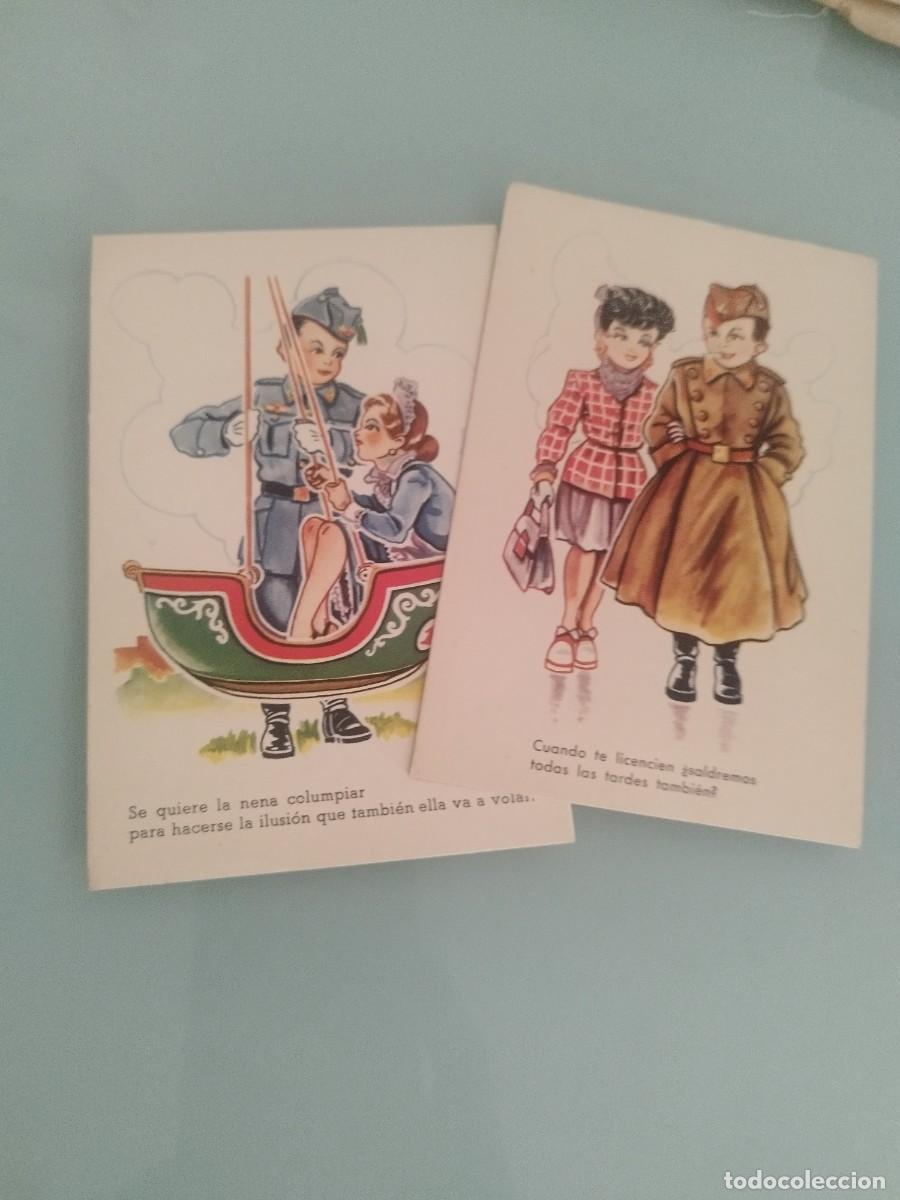 Postales: Colecci&oacute;n de 2 tarjetas postales, caricatura infantil militar. Pareja, gal&aacute;n y mujer. Con frases