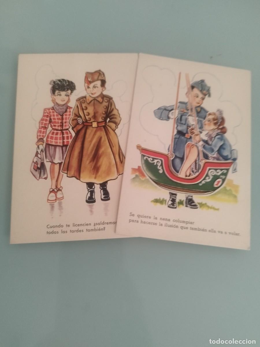 Postales: Colecci&oacute;n de 2 tarjetas postales, caricatura infantil militar. Pareja, gal&aacute;n y mujer. Con frases