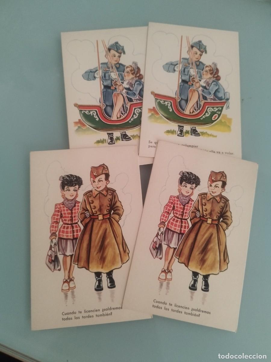 Postales: Colecci&oacute;n de 4 tarjetas postales, caricatura infantil militar. Pareja, gal&aacute;n y mujer. Con frases