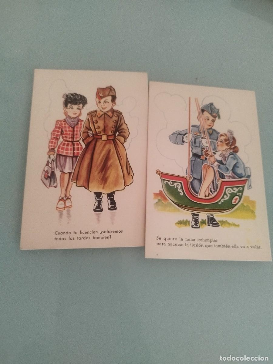 Postales: Colecci&oacute;n de 2 tarjetas postales, caricatura infantil militar. Pareja, gal&aacute;n y mujer. Con frases