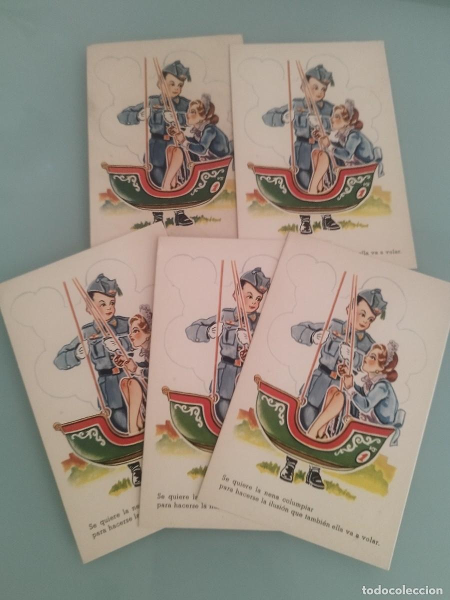 Postales: Colecci&oacute;n de 5 tarjetas postales, caricatura infantil militar. Pareja, gal&aacute;n y mujer. Con frases