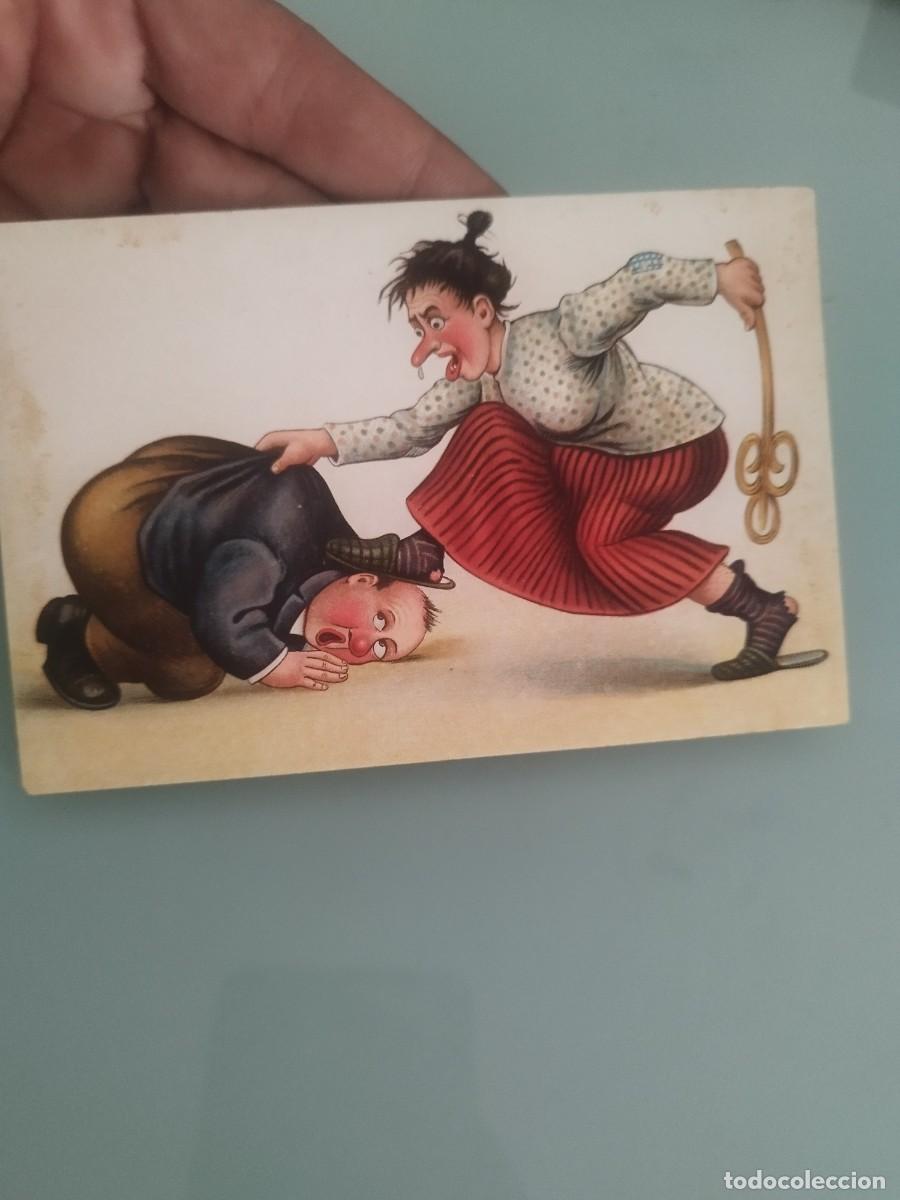 Postales: Antigua tarjeta postal de principios siglo XX. De caricatura de pareja hombre y mujer. Relaci&oacute;n.