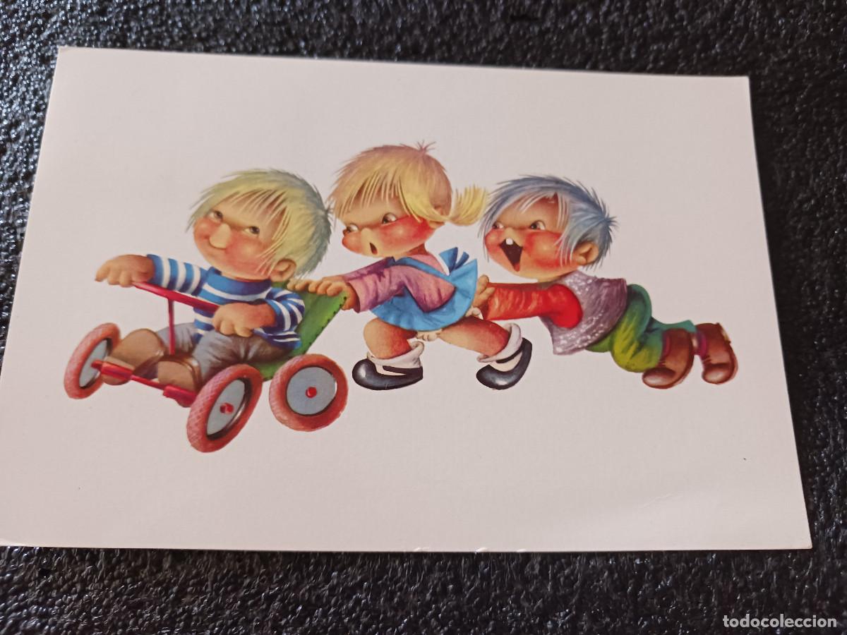 Postales: ni&ntilde;os jugando con carrito, ed. reni, circulada