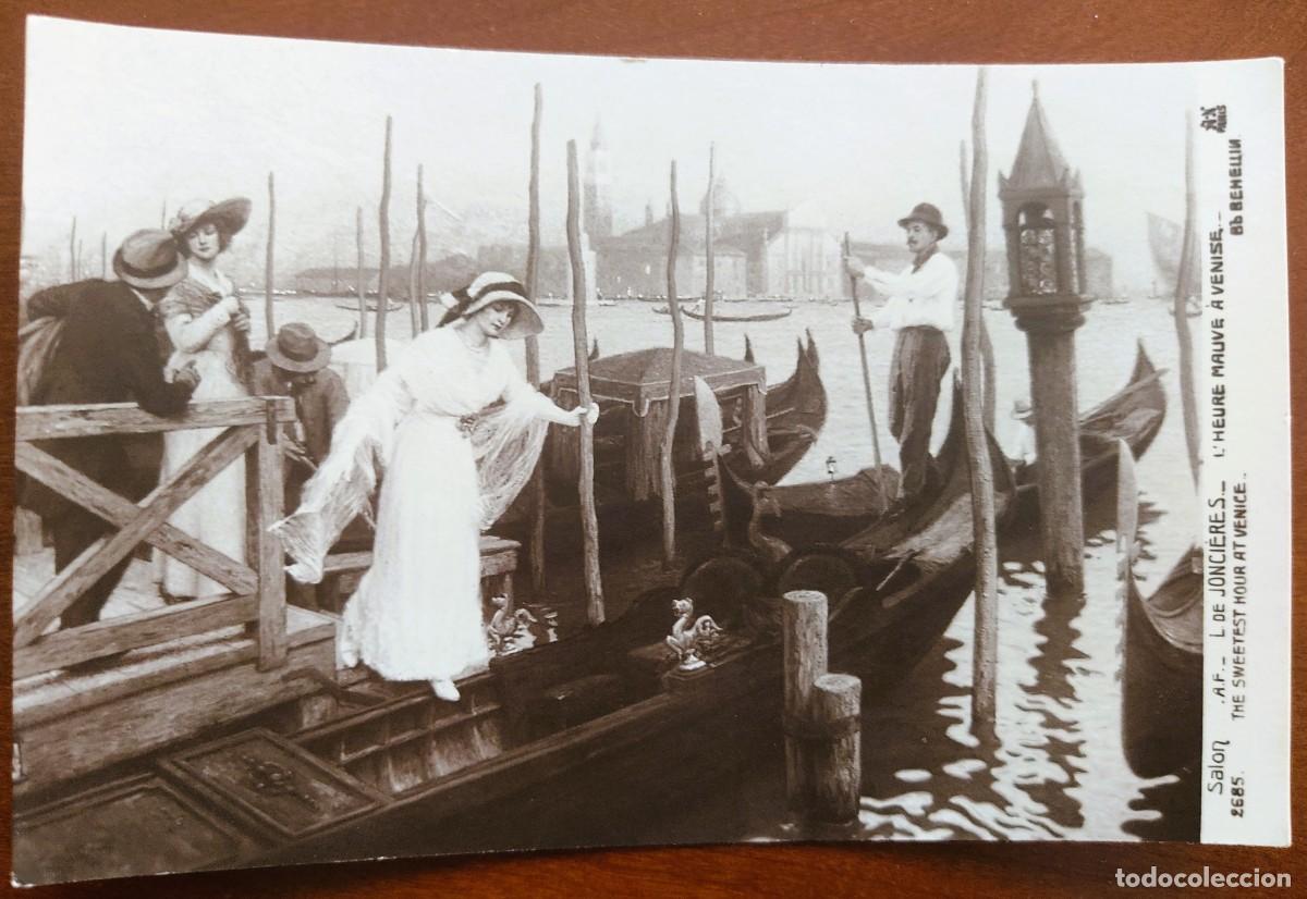 Postales: POSTAL ILUSTRACI&Oacute;N MUJER BAJANDO DE UNA G&Oacute;NDOLA EN VENECIA