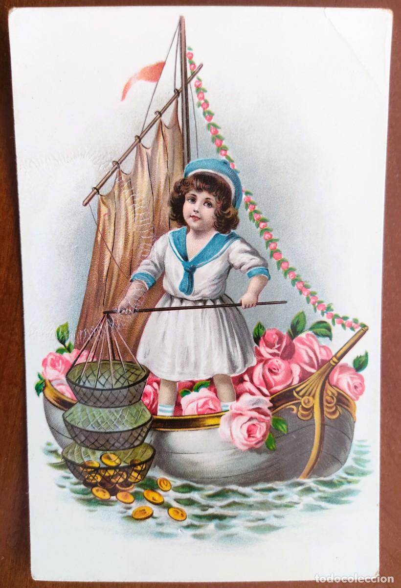 Postales: POSTAL ILUSTRACI&Oacute;N DE UNA NI&Ntilde;A EN UNA BARCA