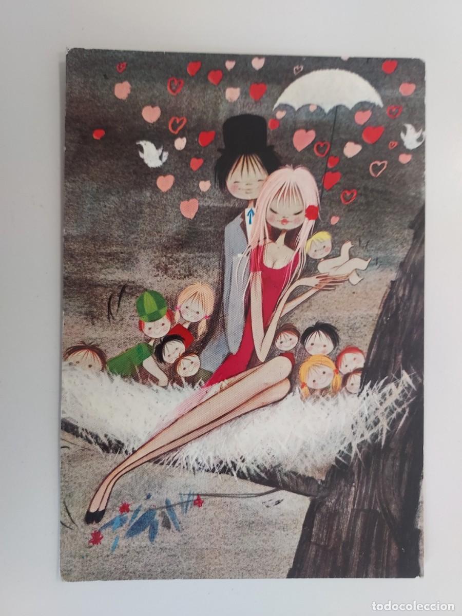 Postales: POSTAL ILUSTRADOR &iquest;TAMORO? (SIN FIRMAR) PAREJA ROMANTICA PARAGUAS CORAZONES. 1970. CIRCULADA. CYZ