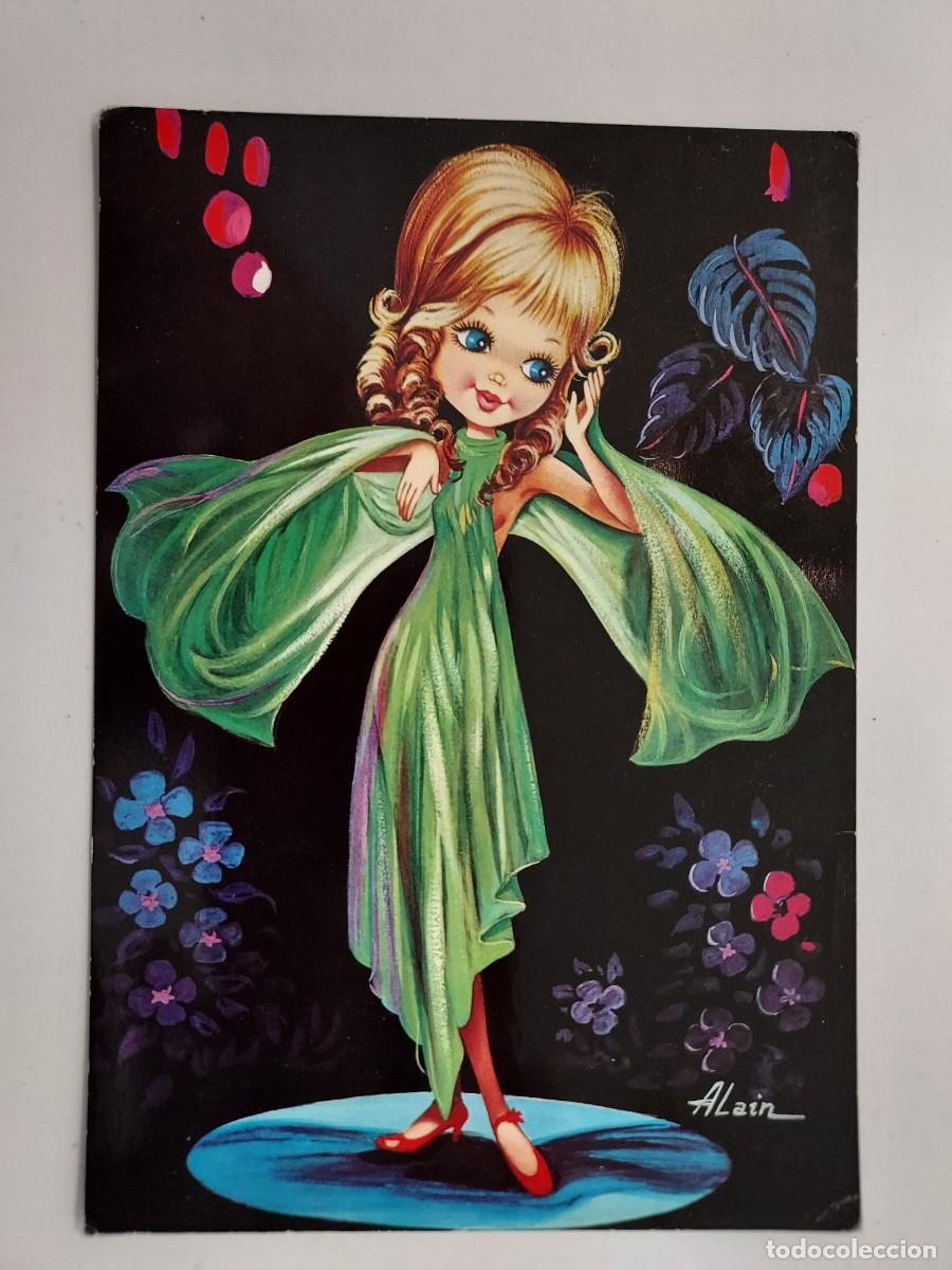 Postales: POSTAL ILUSTRADOR ALAIN CHICA OJOS GRANDES VESTIDO VERDE. 1969. SIN CIRCULAR. CYZ