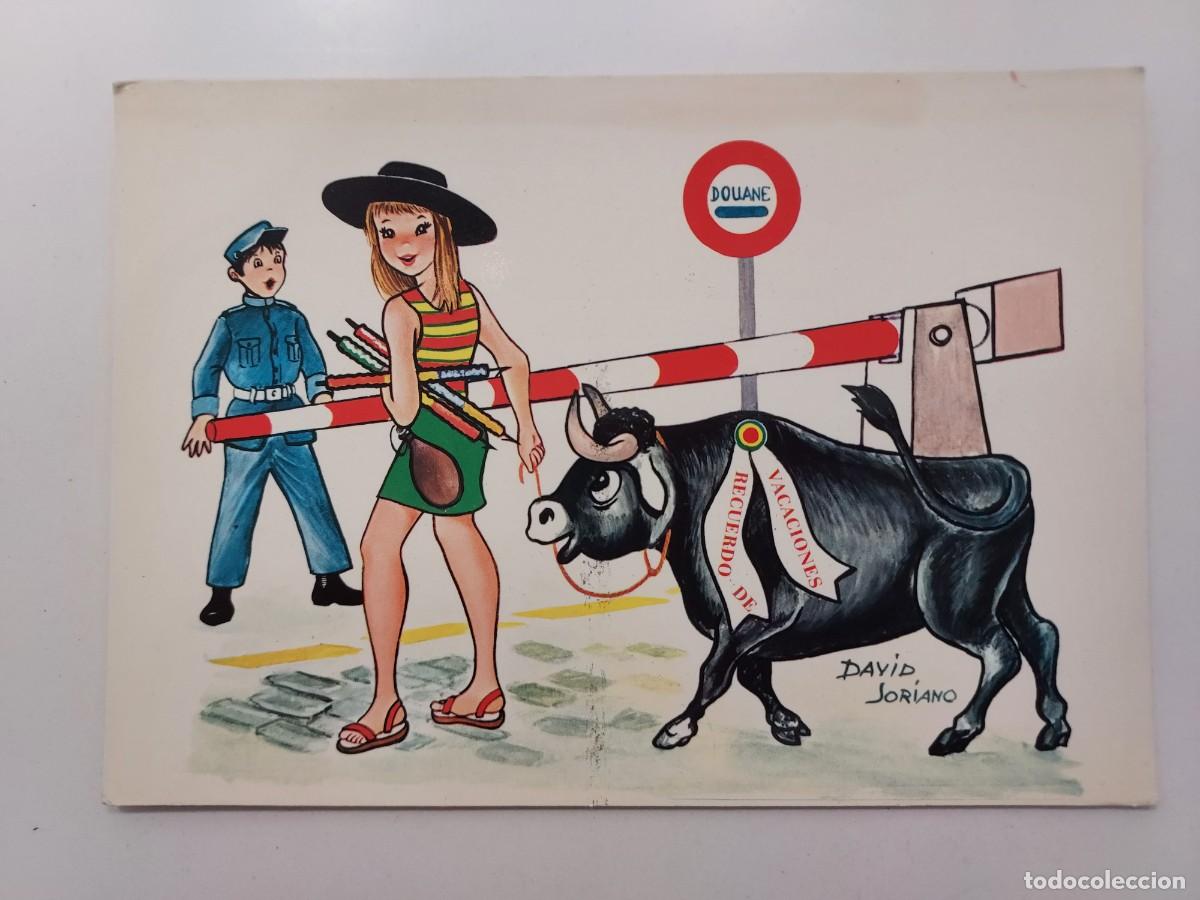 Postales: POSTAL ILUSTRADOR DAVID SORIANO. VACACIONES. CHICA TURISTA TORO ADUANA. 1968. SAVIR. S/C